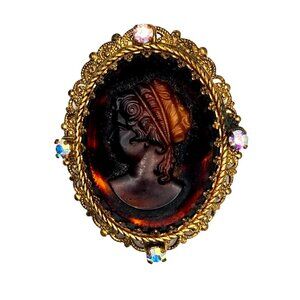 Vintage Germany Cameo Brooch Reverse Carved Lucite AB Rhinestones Ornate Filigre